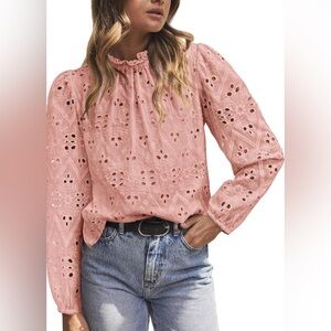 Women's Pink Eyelet Lace Long Sleeve Blouse
